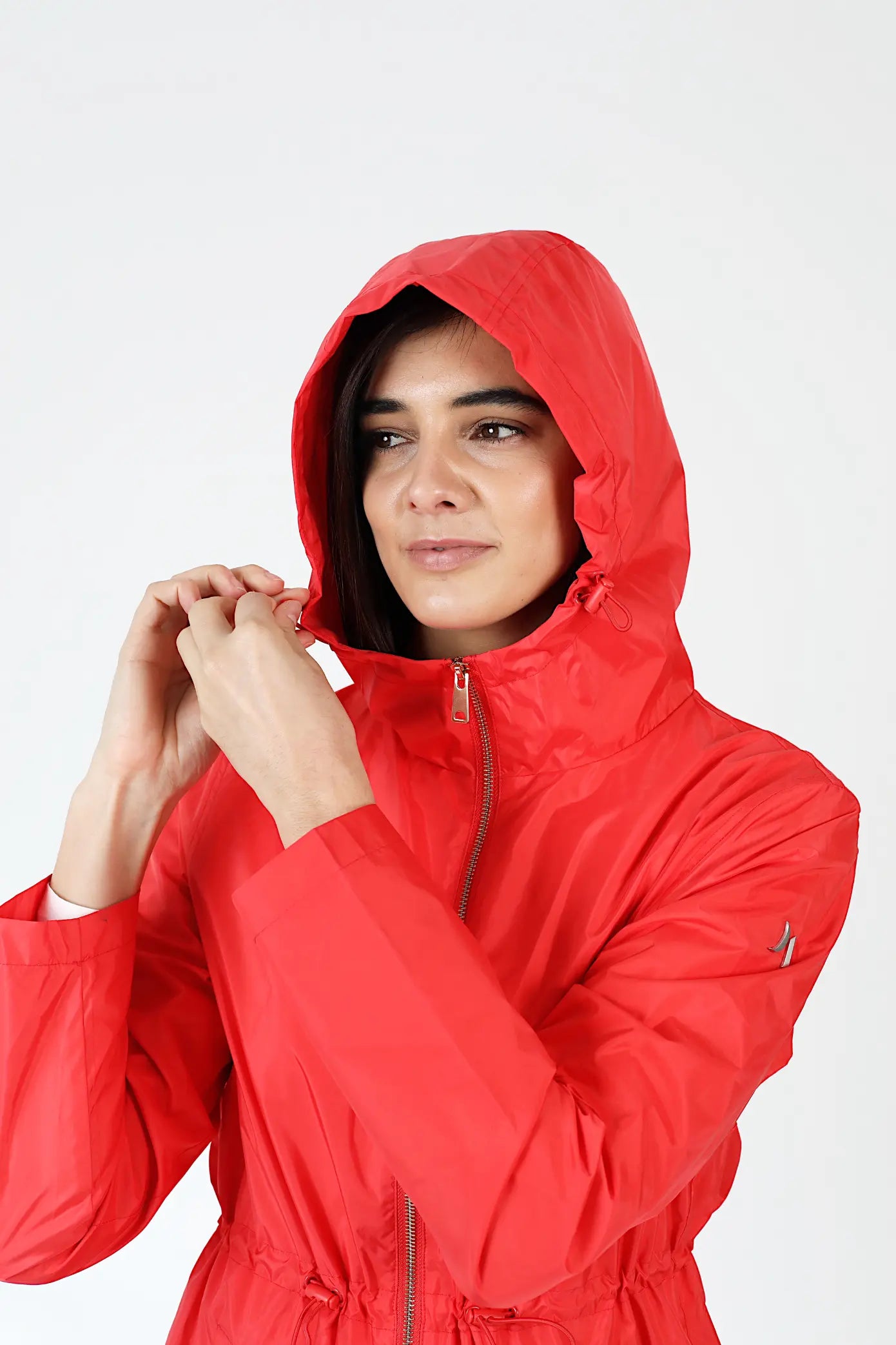 Lipstick Crush No 5 bright red hooded raincoat, modern lightweight waterproof raincoat perfect for wet weather in Australia
