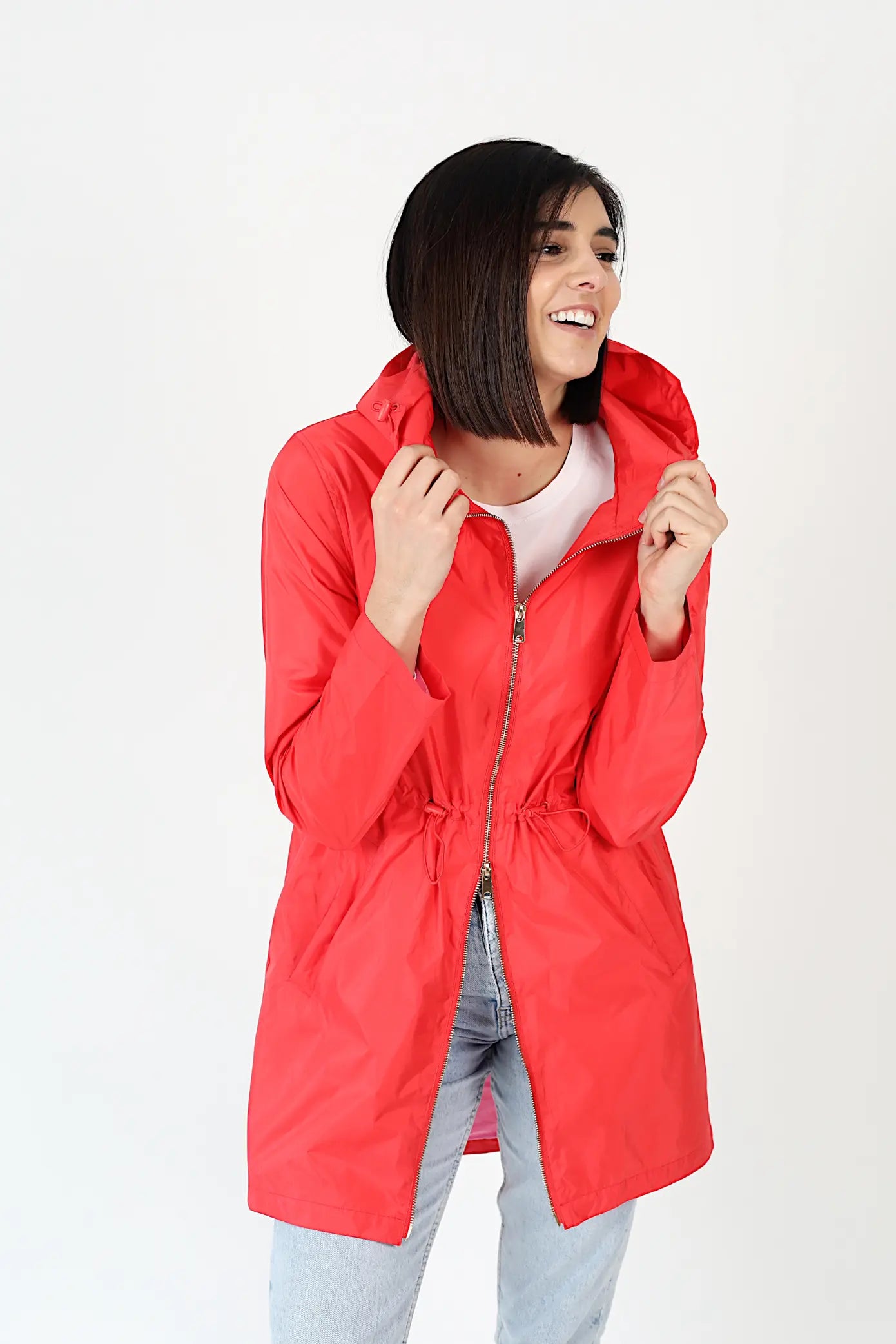 Lipstick Crush No 5 bright red hooded raincoat, modern lightweight waterproof raincoat perfect for wet weather in Australia
