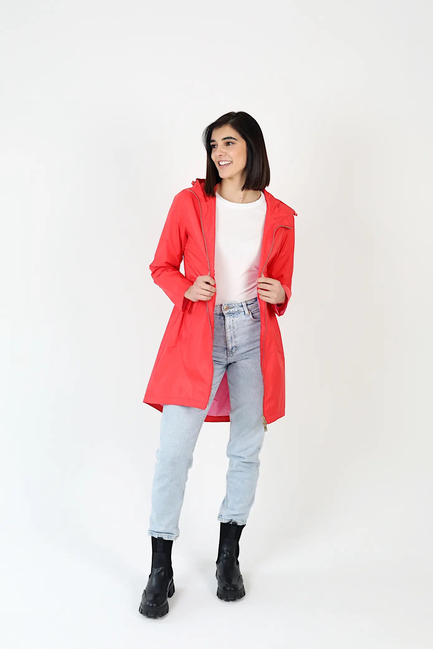 Lipstick Crush No 5 bright red hooded raincoat, modern lightweight waterproof raincoat perfect for wet weather in Australia