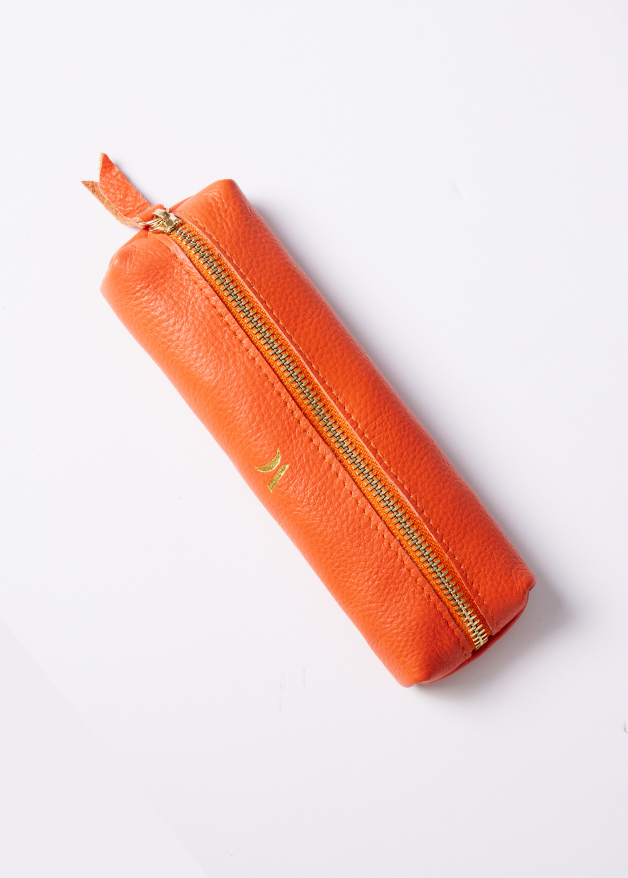 Leather Vanity Bags — assorted colors including orange, pink, red, tan, and black, each with gold zipper detail