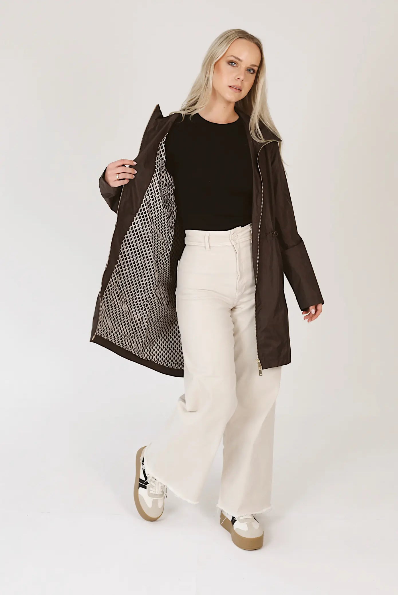 Truffle Haze dark brown hooded raincoat, modern lightweight waterproof raincoat perfect for Australia’s changing weather and rain