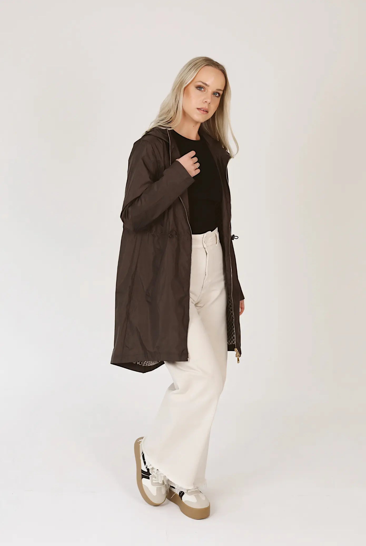 Truffle Haze dark brown hooded raincoat, modern lightweight waterproof raincoat perfect for Australia’s changing weather and rain