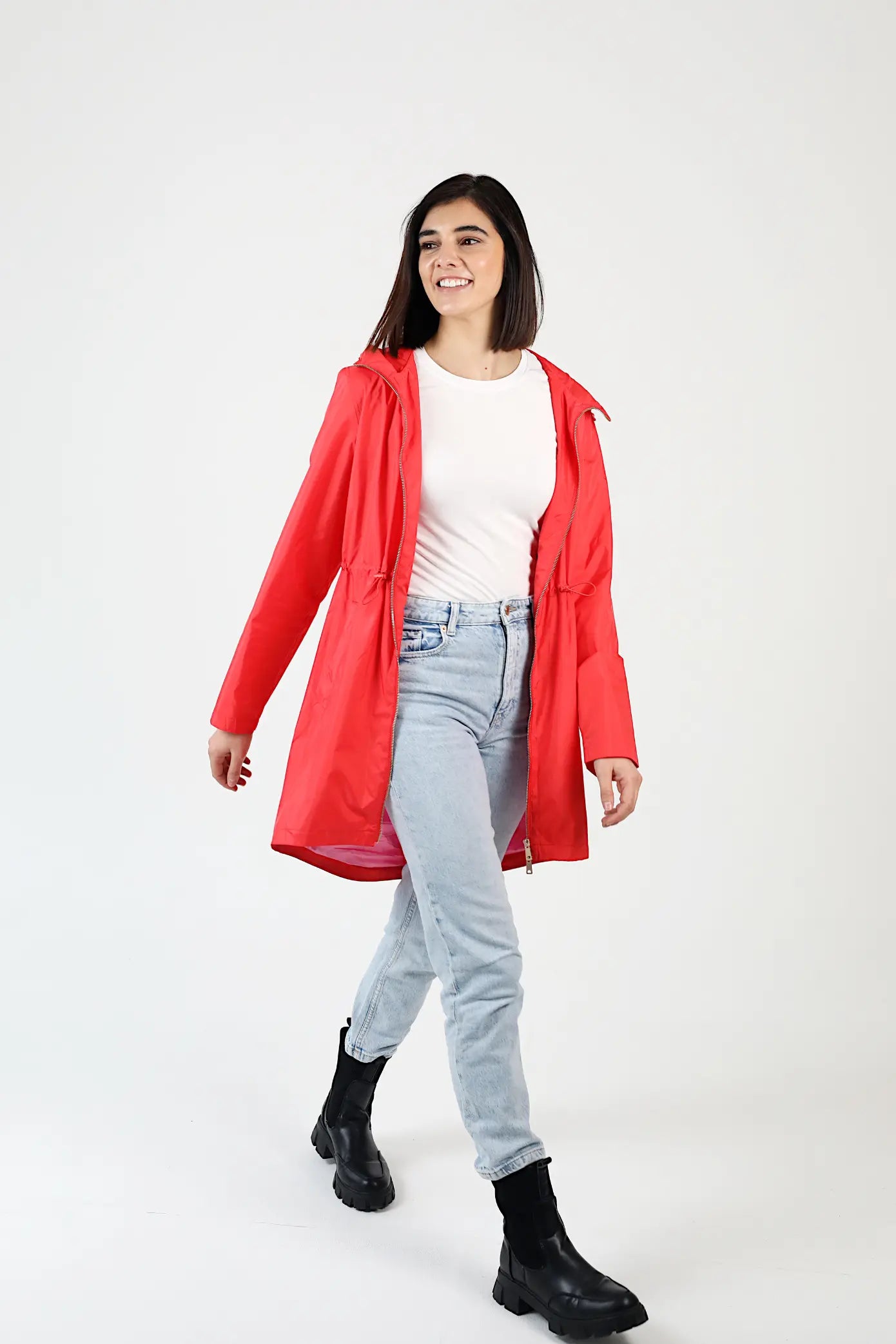 Lipstick Crush No 5 bright red hooded raincoat, modern lightweight waterproof raincoat perfect for wet weather in Australia