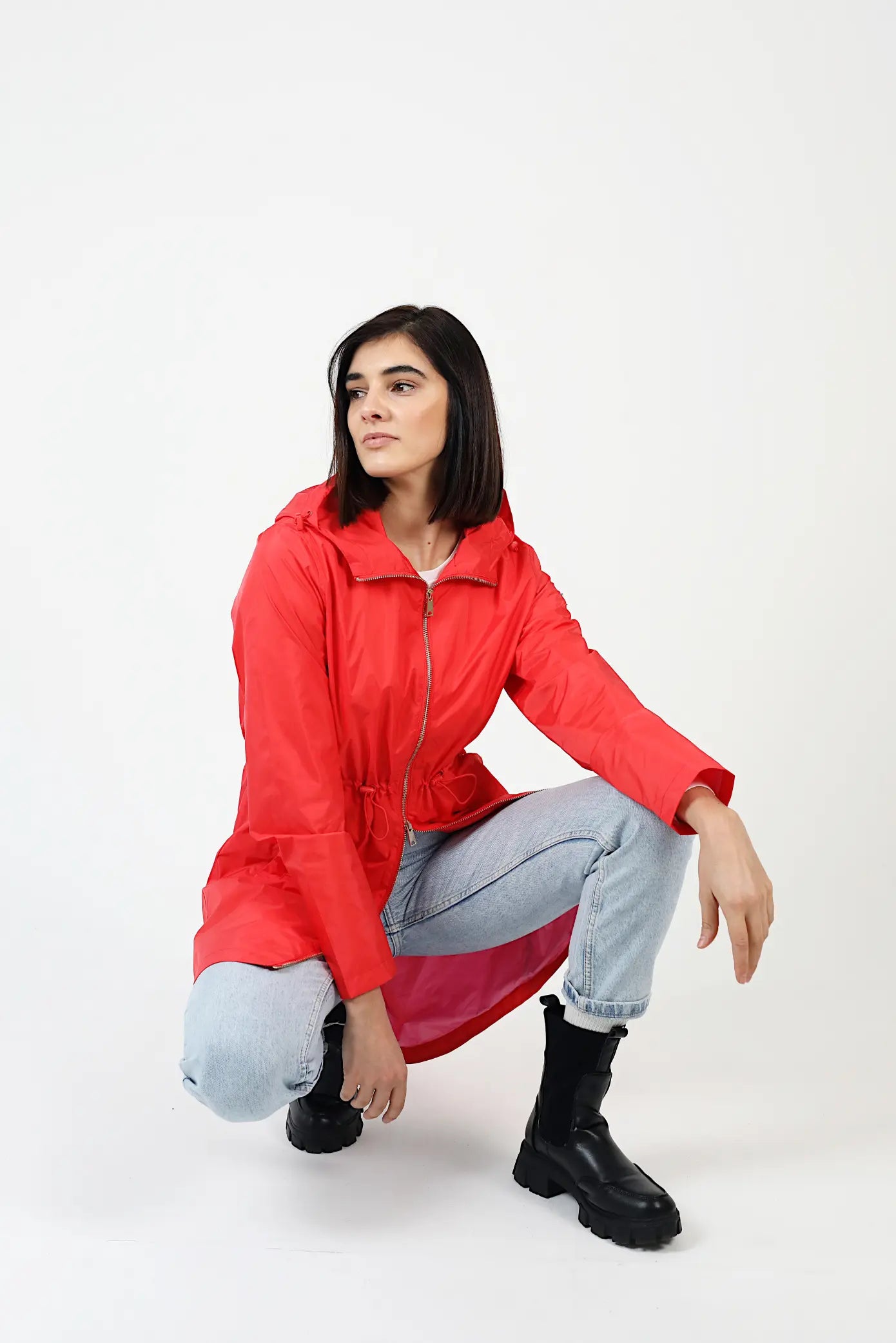 Lipstick Crush No 5 bright red hooded raincoat, modern lightweight waterproof raincoat perfect for wet weather in Australia