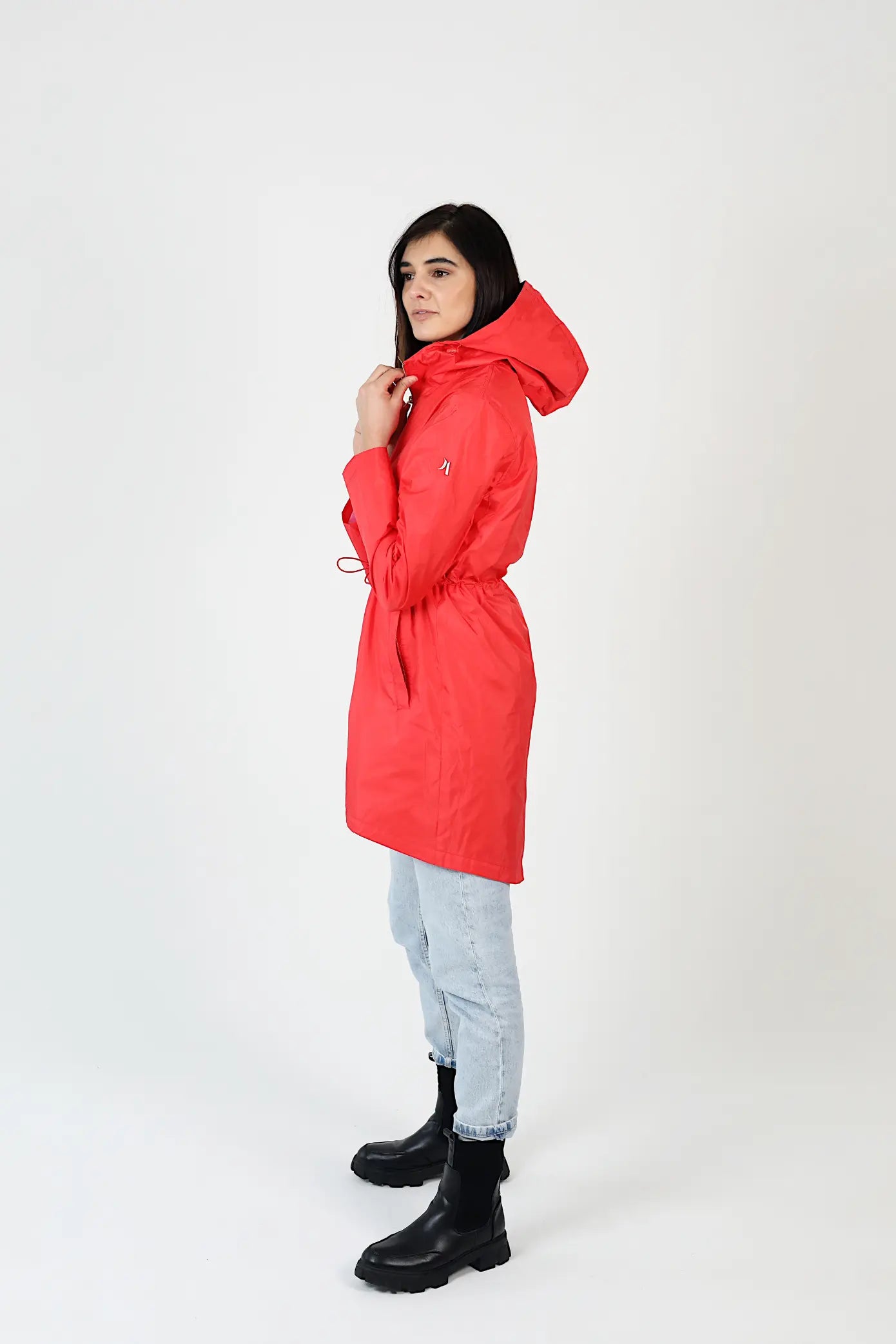 Lipstick Crush No 5 bright red hooded raincoat, modern lightweight waterproof raincoat perfect for wet weather in Australia