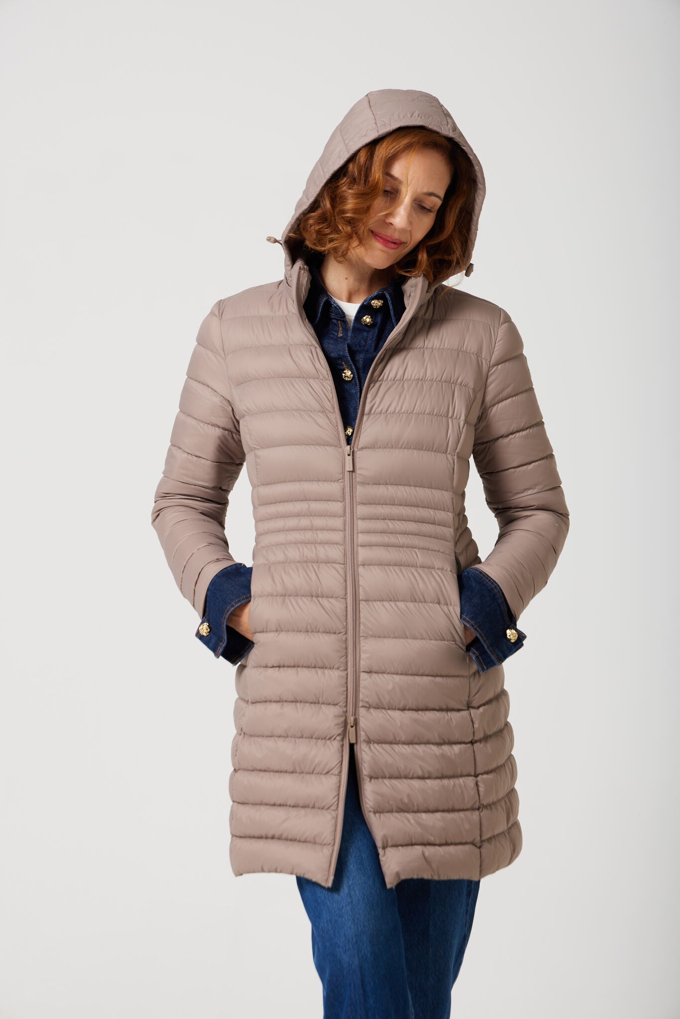 Women’s chai beige insulated midi parka with hood, warm winter jacket perfect for layering in Australia’s cooler weather — Chai Midi Parka™