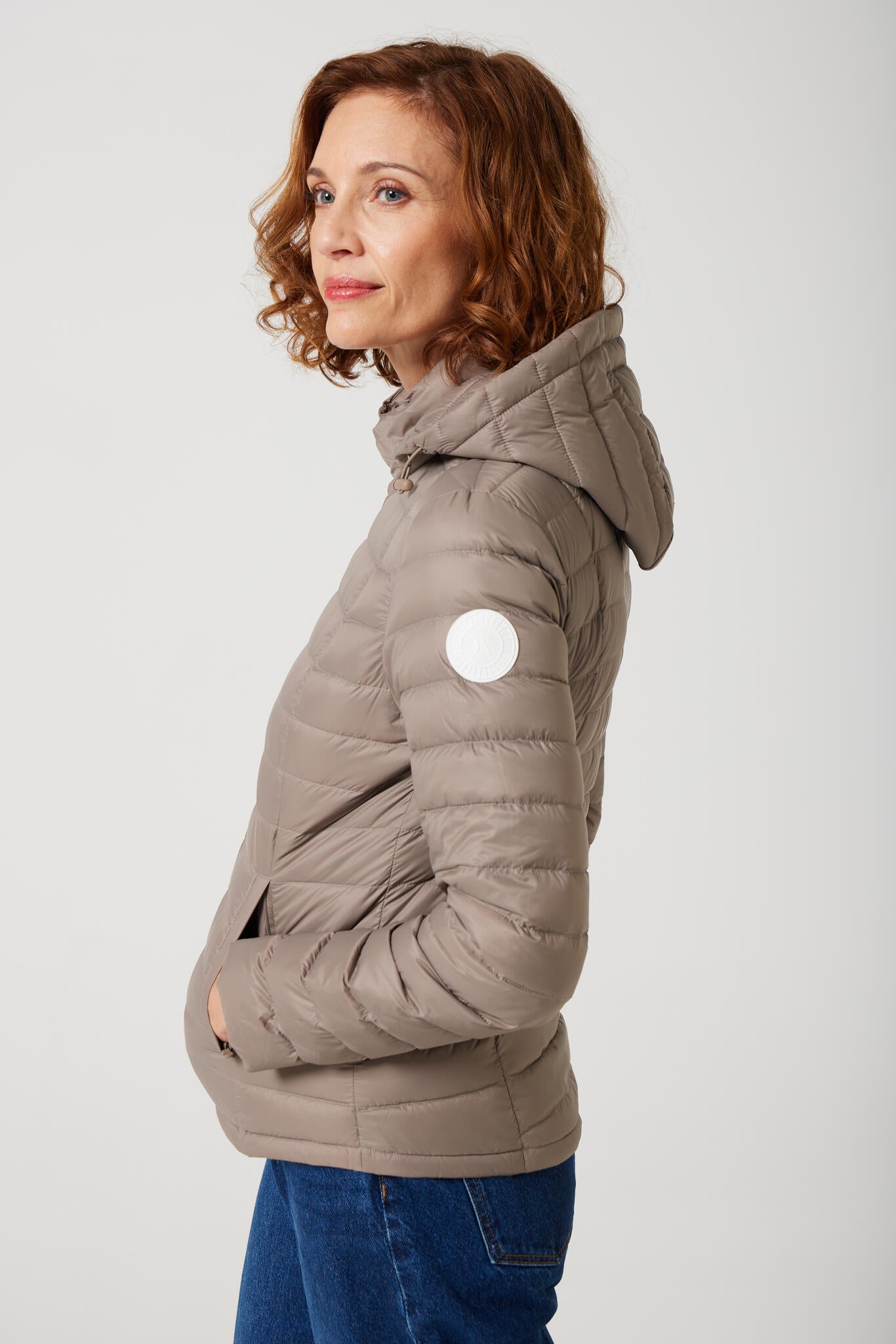Women’s Chai Classic Jacket™ in neutral taupe, stylish lightweight puffer jacket for seasonal layering and casual wear in Australia