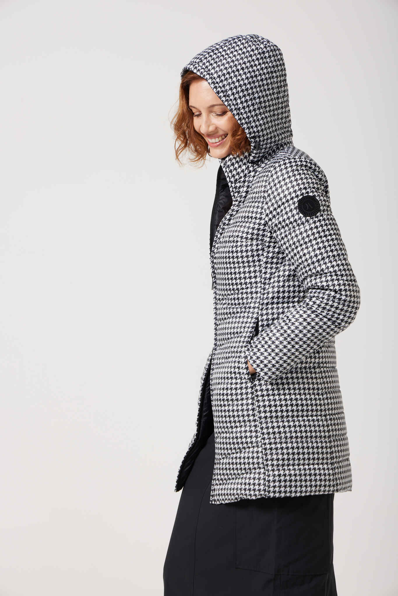 Women’s houndstooth print and midnight black reversible insulated parka with hood, warm winter parka perfect for layering in Australia’s cooler weather — Midnight x Houndstooth Classic Parka™