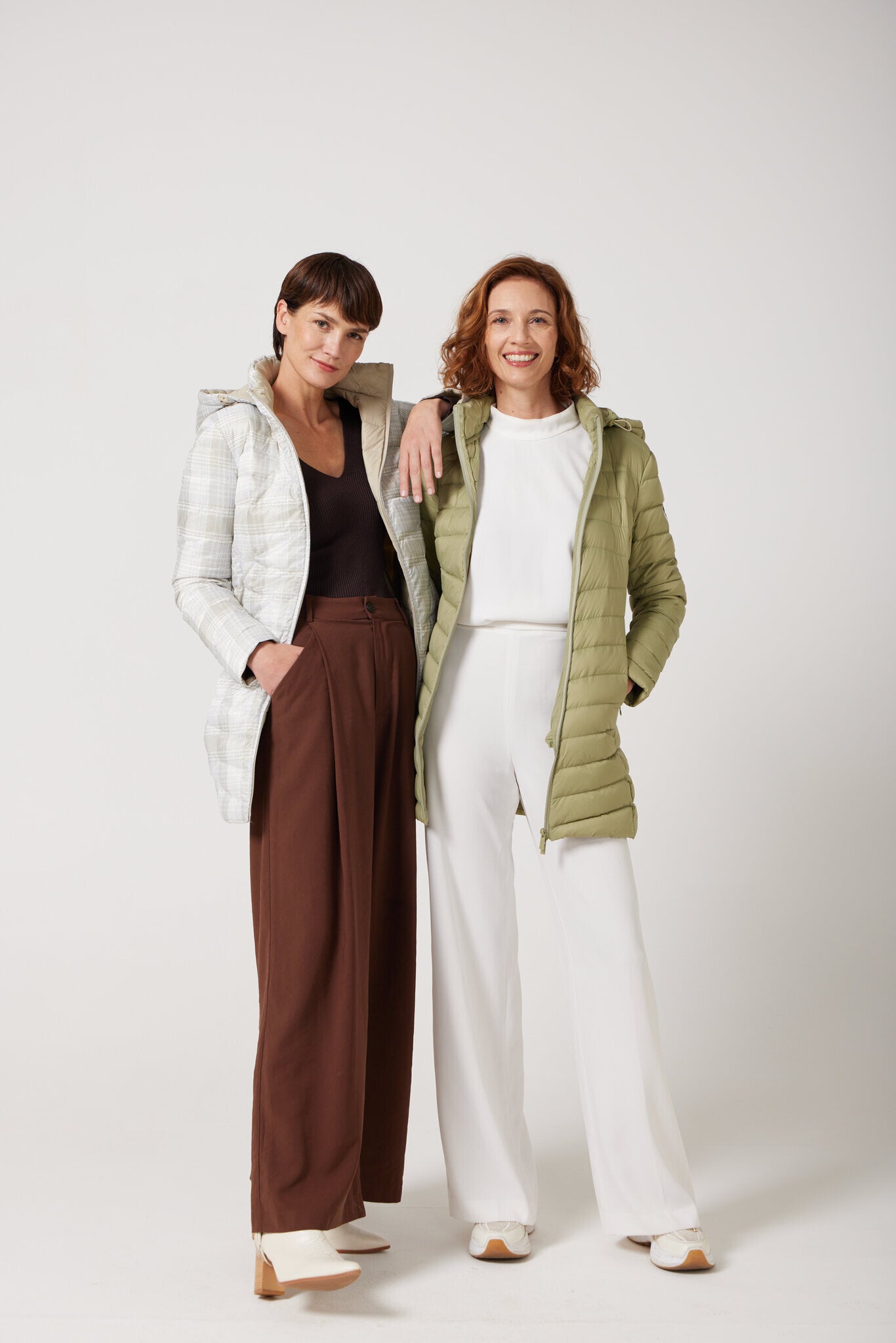 Tartan x Mist Classic Parka™ tartan check hooded reversible parka, warm insulated jacket perfect for layering in Australia’s cooler winter weather and Matcha Classic Parka™ light green hooded parka, warm insulated jacket perfect for layering in Australia’s cooler winter weather