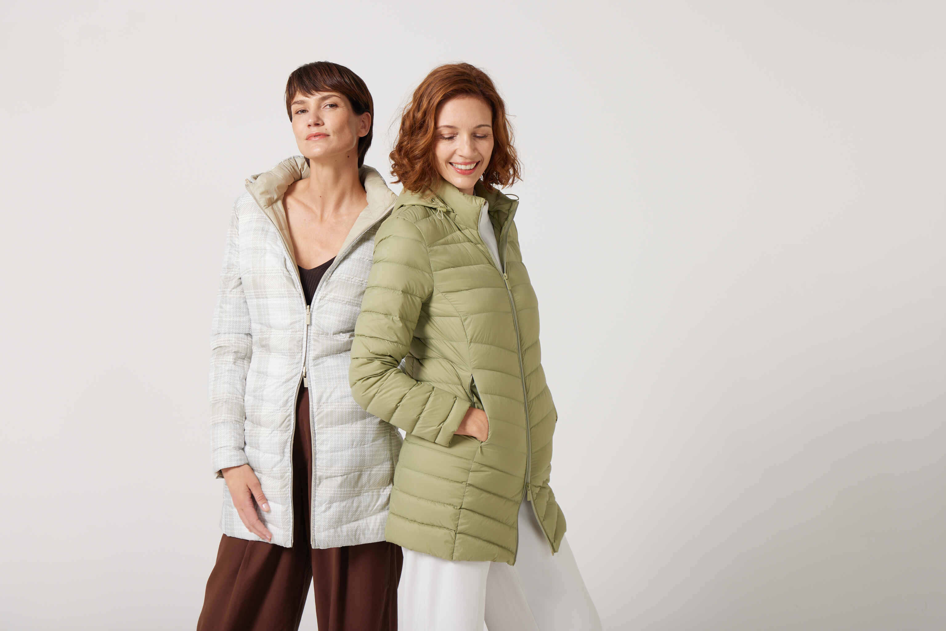 Tartan x Mist Classic Parka™ tartan check hooded reversible parka, warm insulated jacket perfect for layering in Australia’s cooler winter weather and Matcha Classic Parka™ light green hooded parka, warm insulated jacket perfect for layering in Australia’s cooler winter weather