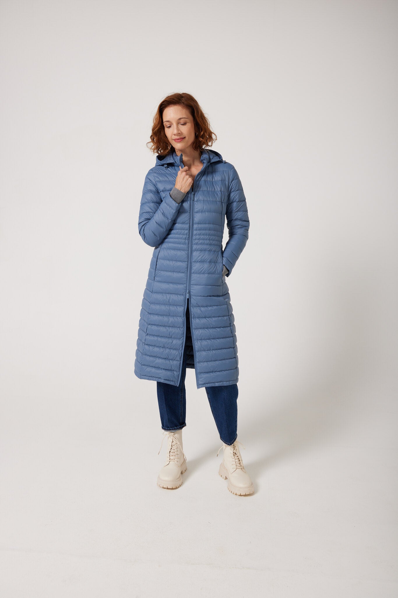 Women’s sky blue insulated ultra parka with hood, long warm winter jacket perfect for layering in Australia’s cooler weather — Vista Ultra Parka™