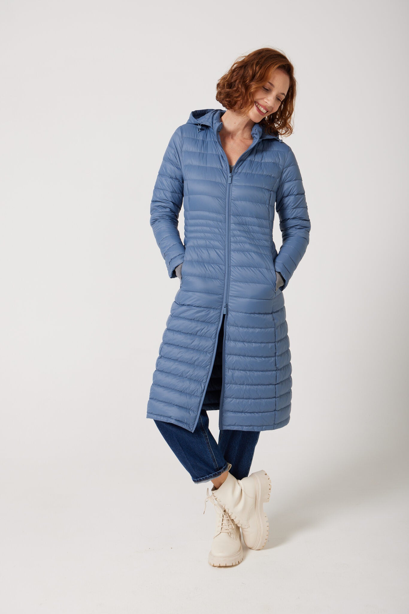 Women’s sky blue insulated ultra parka with hood, long warm winter jacket perfect for layering in Australia’s cooler weather — Vista Ultra Parka™