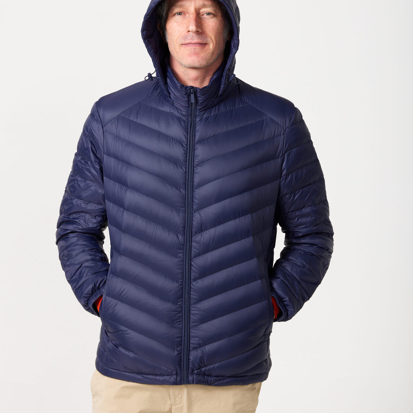 Men’s Navy Classic Jacket™ in classic navy blue, lightweight puffer jacket with hood for versatile style and casual wear in Australia