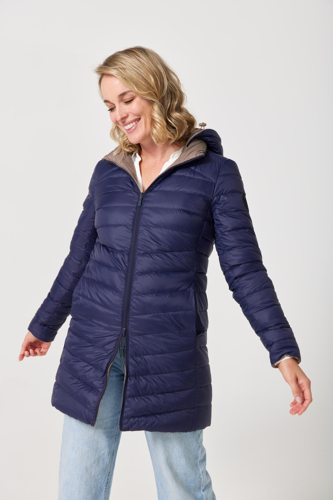 Toffee x Navy Classic Parka™ reversible hooded parka in navy blue and toffee, warm insulated jacket perfect for layering in Australia’s cooler winter weather