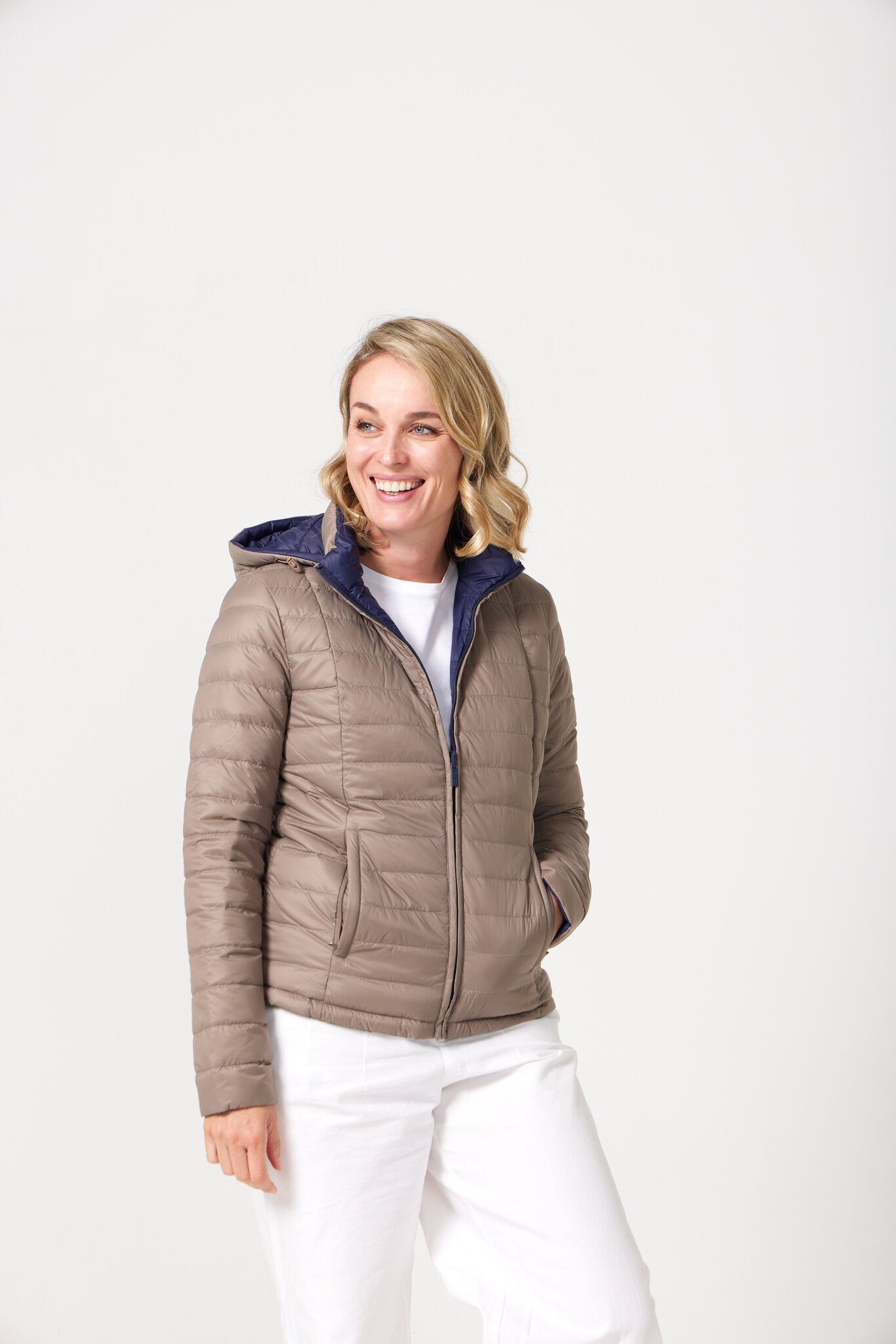 Women’s reversible navy and toffee brown insulated jacket, lightweight and stylish casual outerwear for everyday wear in Australia — Navy x Toffee Classic Jacket™
