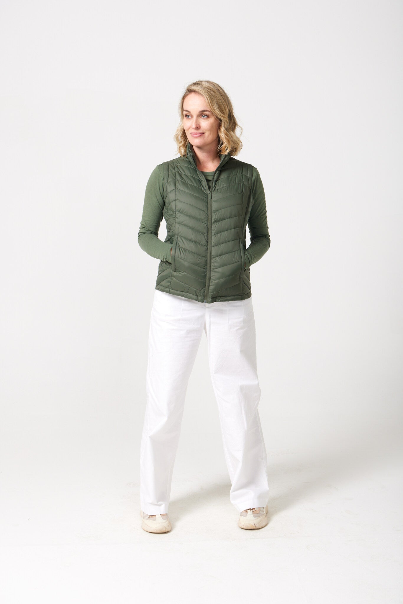 Sage Classic Gilet™ — women’s sleeveless quilted puffer vest in natural sage green, versatile for casual and outdoor layering in Australia