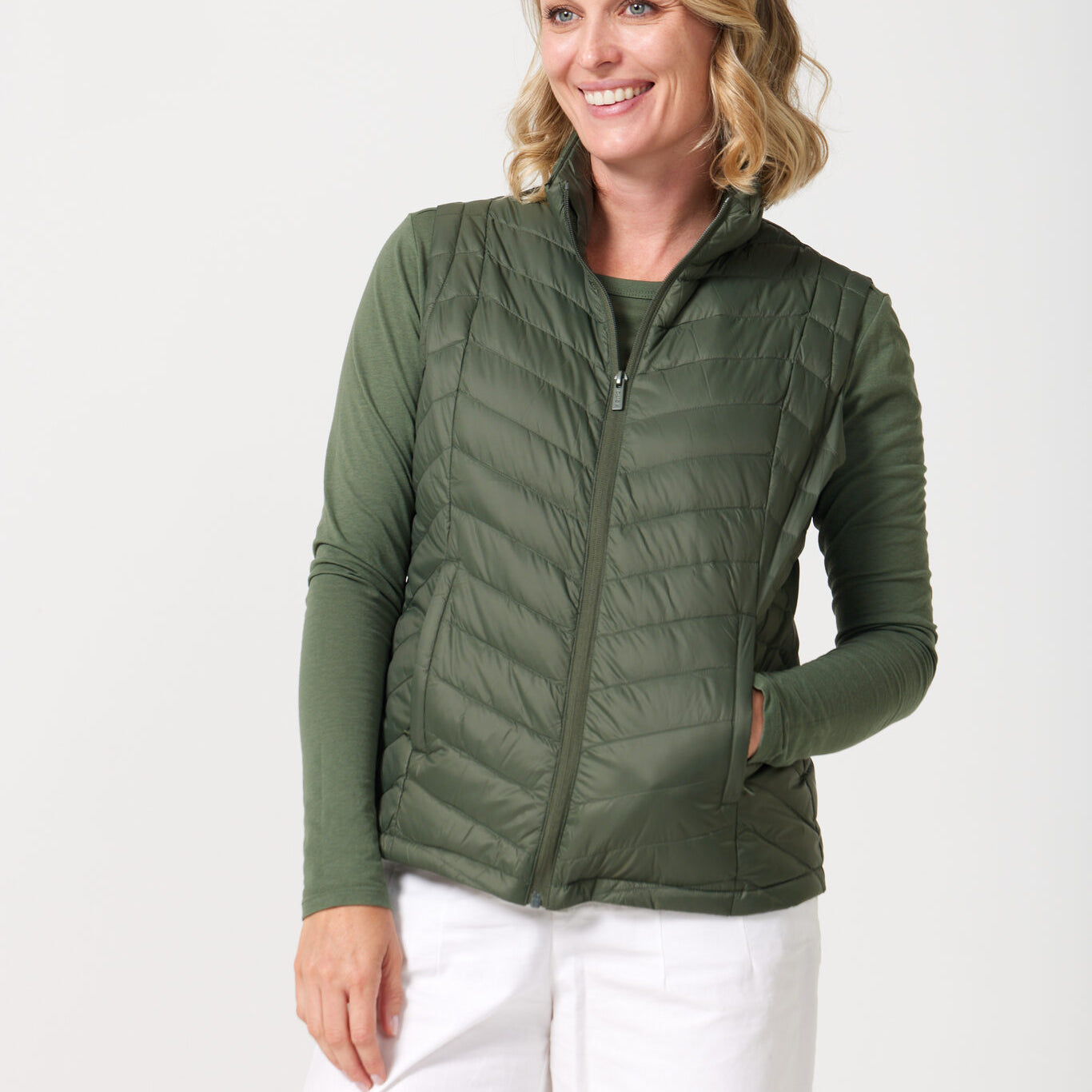 Sage Classic Gilet™ — women’s sleeveless quilted puffer vest in natural sage green, versatile for casual and outdoor layering in Australia