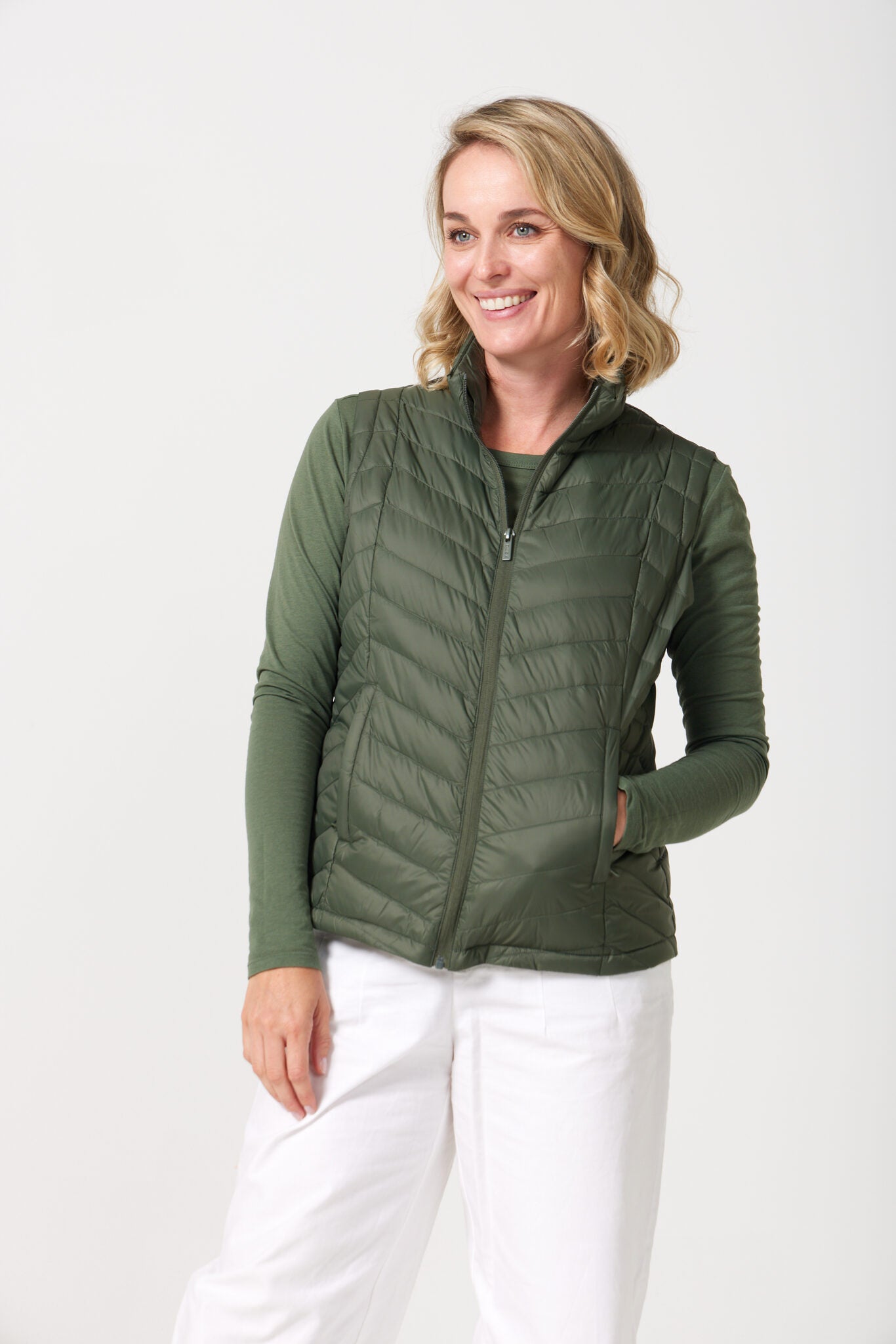 Sage Classic Gilet™ — women’s sleeveless quilted puffer vest in natural sage green, versatile for casual and outdoor layering in Australia