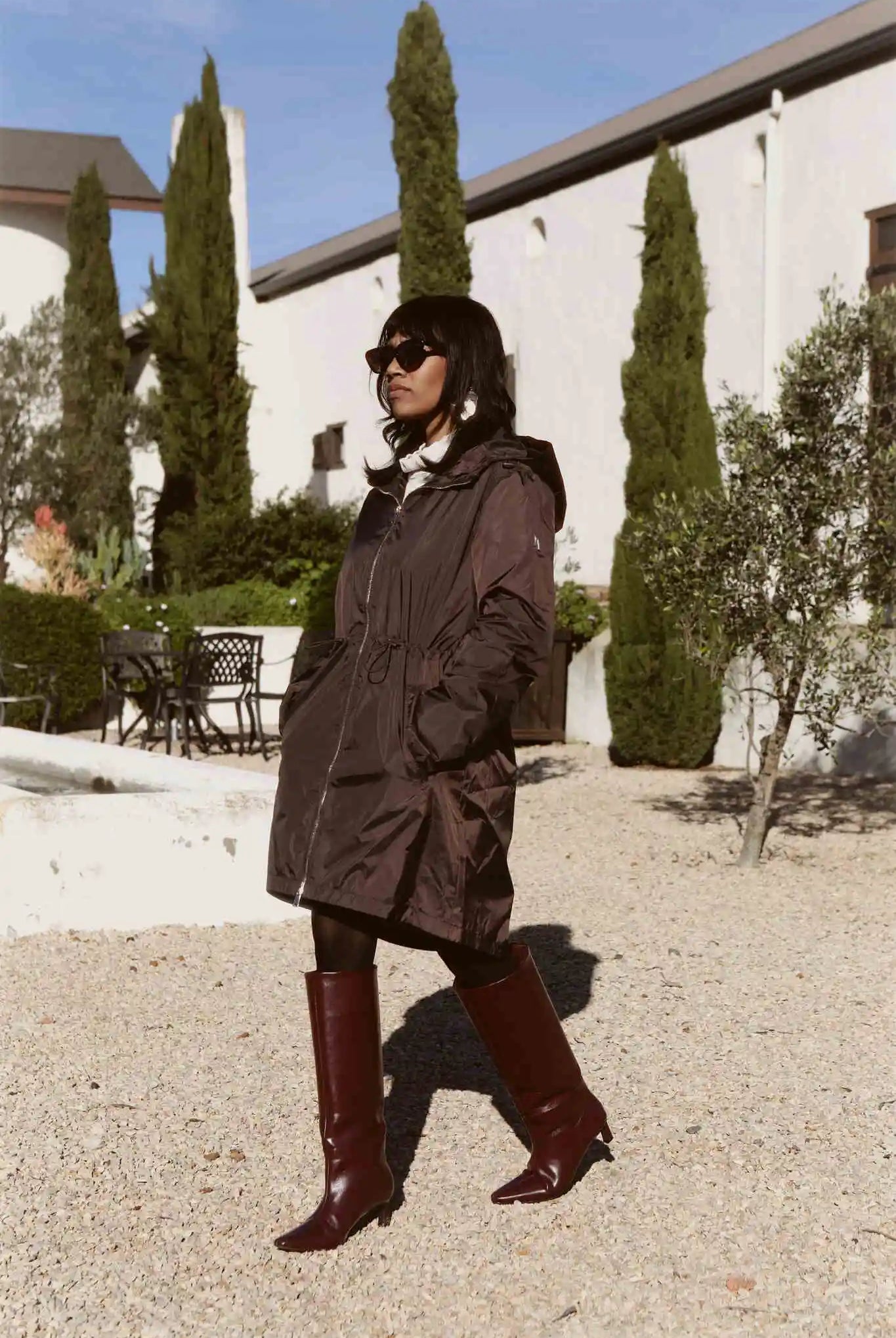 Truffle Haze dark brown hooded raincoat, modern lightweight waterproof raincoat perfect for Australia’s changing weather and rain