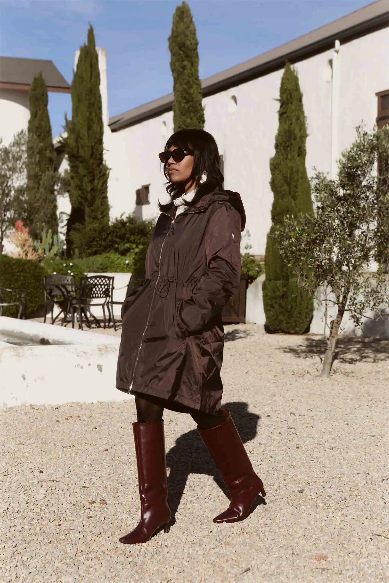 Truffle Haze dark brown hooded raincoat, modern lightweight waterproof raincoat perfect for Australia’s changing weather and rain