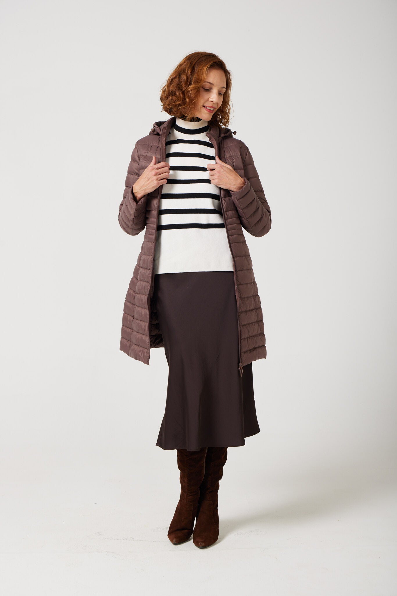 Women’s espresso brown insulated midi parka with hood, warm winter jacket perfect for layering in Australia’s cooler weather — Espresso Midi Parka™