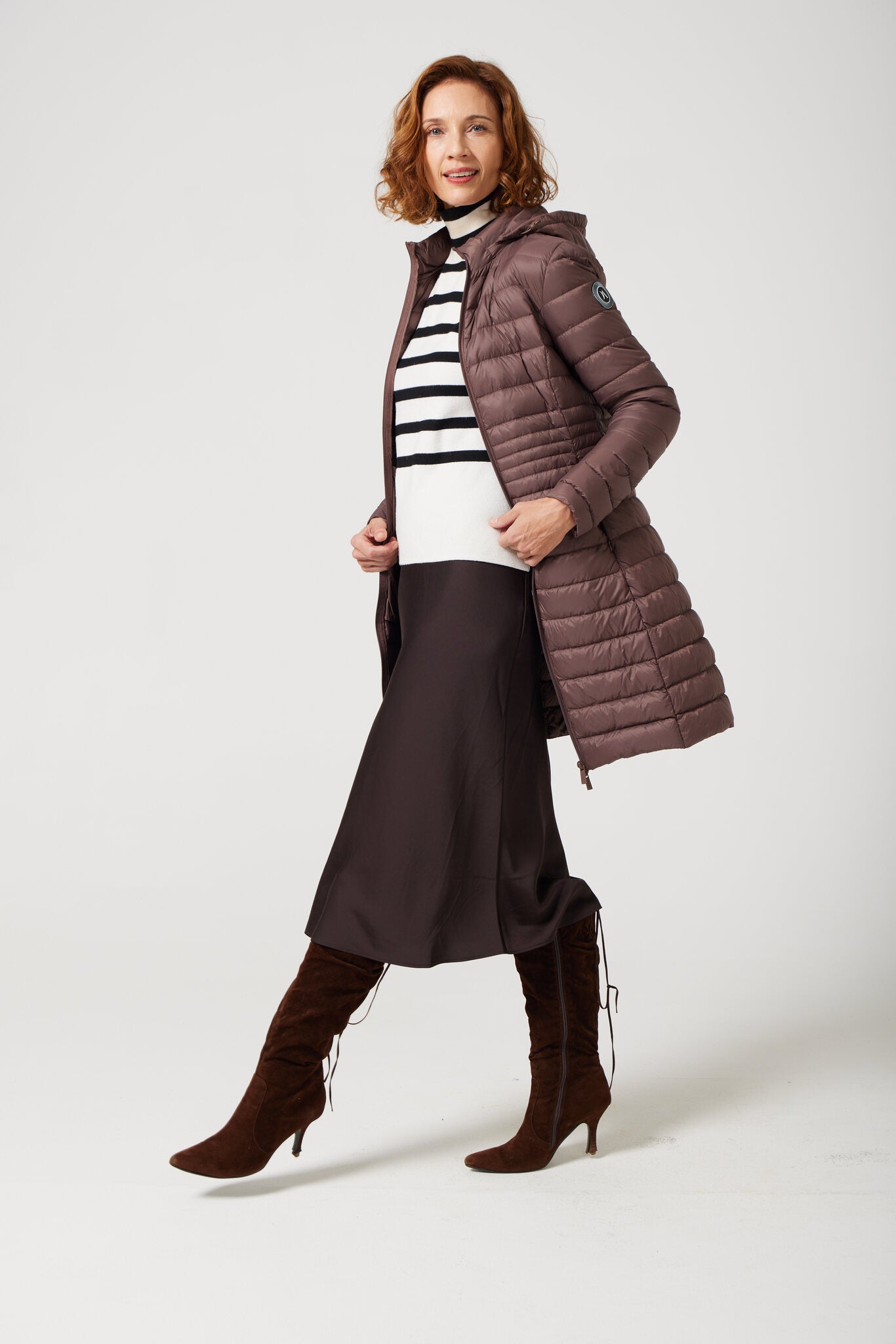 Women’s espresso brown insulated midi parka with hood, warm winter jacket perfect for layering in Australia’s cooler weather — Espresso Midi Parka™