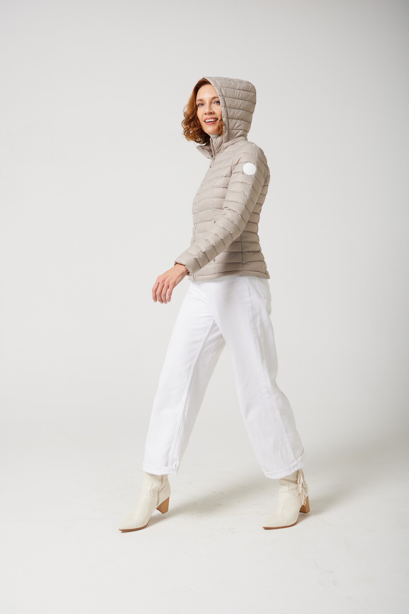 Women’s Latte Classic Jacket™ in beige, hooded lightweight puffer for versatile everyday wear and layering in Australia
