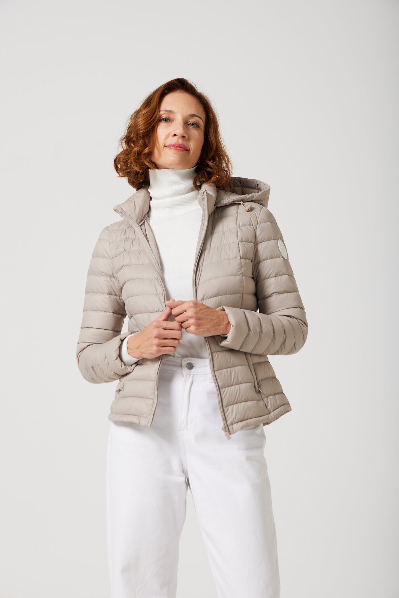 Women’s Latte Classic Jacket™ in beige, hooded lightweight puffer for versatile everyday wear and layering in Australia