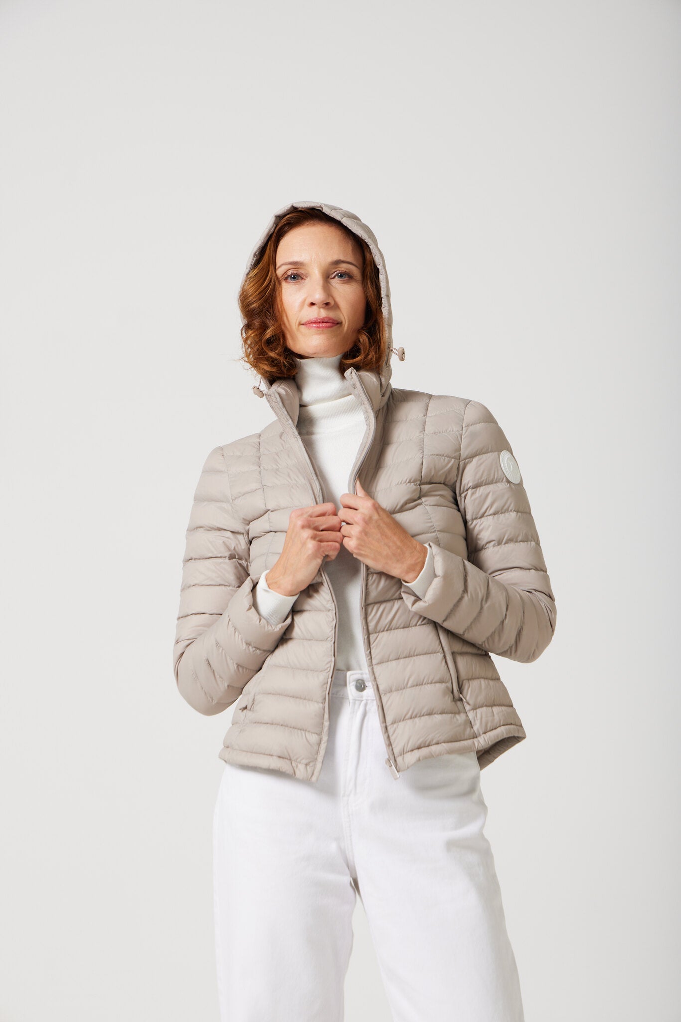 Women’s Latte Classic Jacket™ in beige, hooded lightweight puffer for versatile everyday wear and layering in Australia