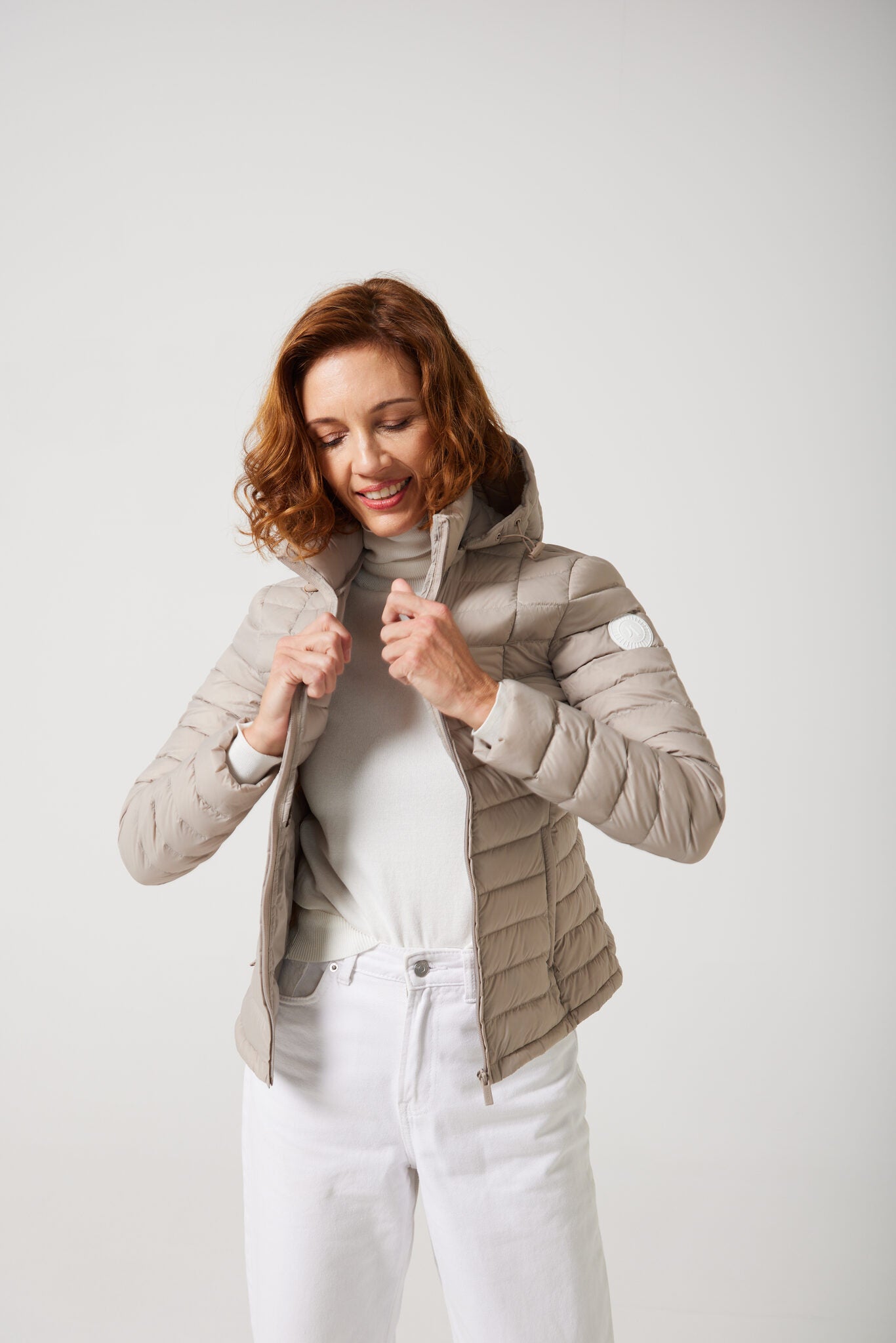 Women’s Latte Classic Jacket™ in beige, hooded lightweight puffer for versatile everyday wear and layering in Australia