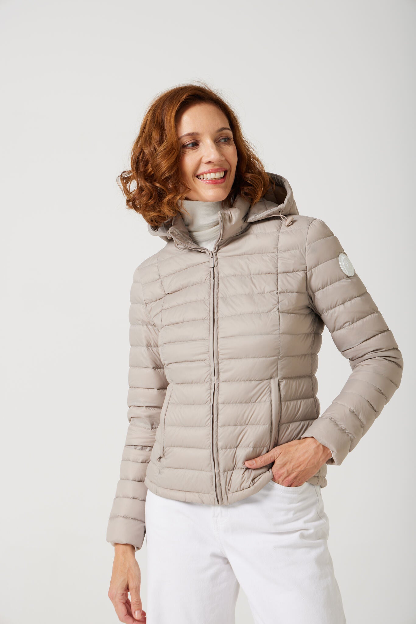 Women’s Latte Classic Jacket™ in beige, hooded lightweight puffer for versatile everyday wear and layering in Australia