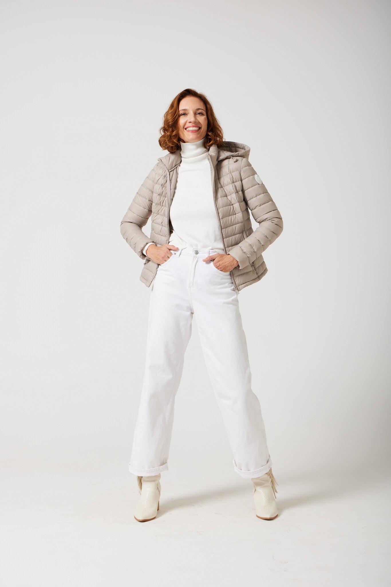 Women’s Latte Classic Jacket™ in beige, hooded lightweight puffer for versatile everyday wear and layering in Australia