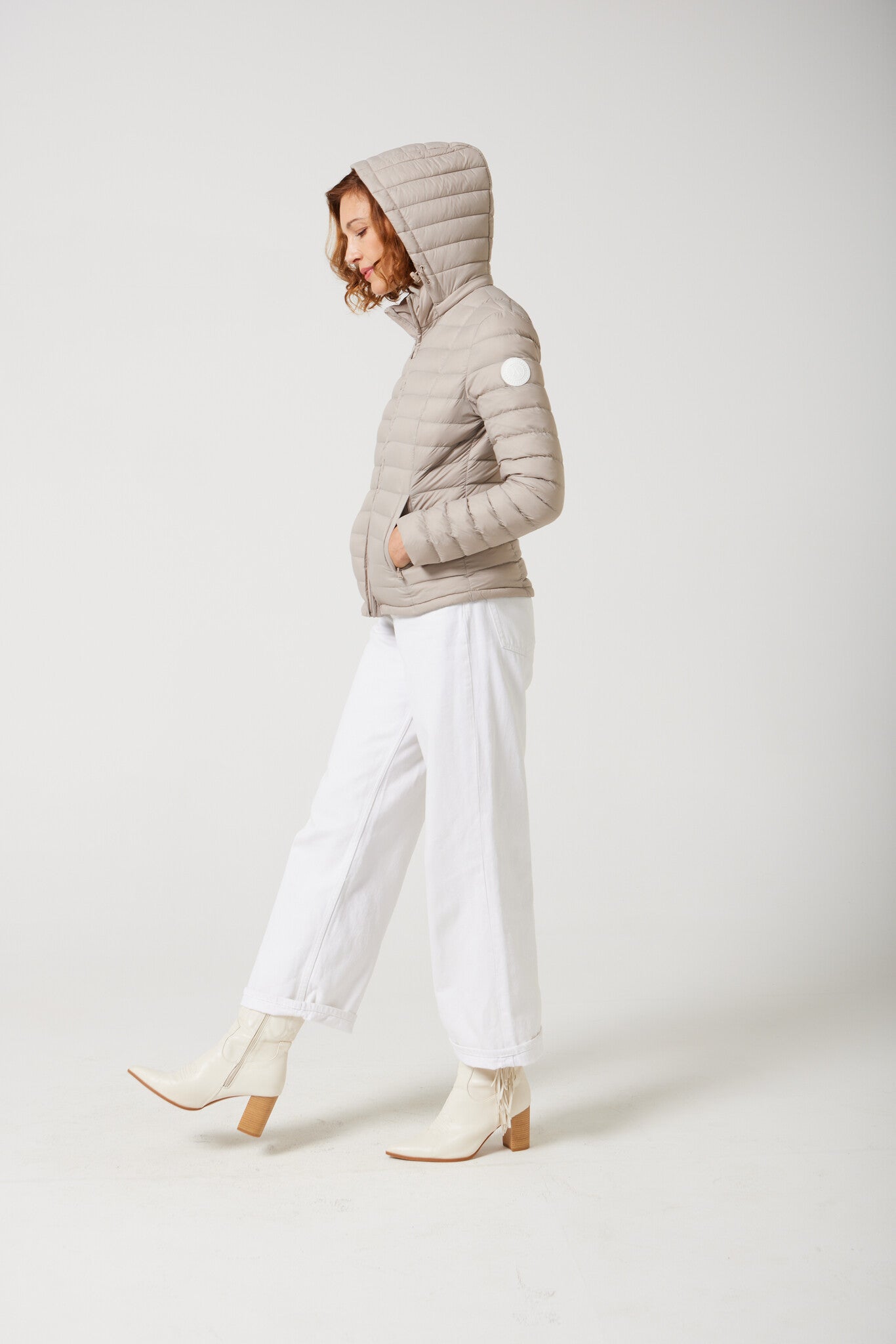 Women’s Latte Classic Jacket™ in beige, hooded lightweight puffer for versatile everyday wear and layering in Australia