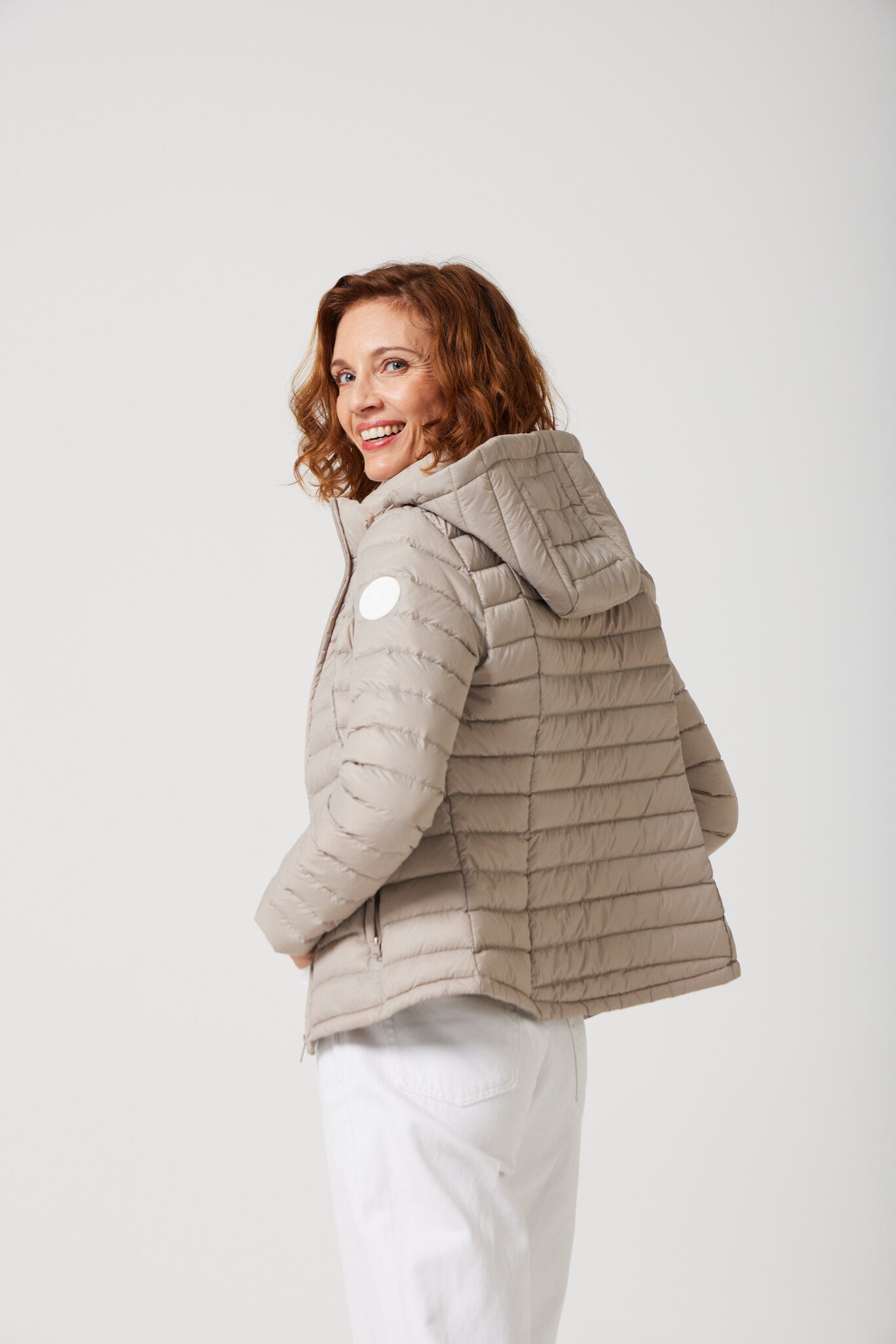 Women’s Latte Classic Jacket™ in beige, hooded lightweight puffer for versatile everyday wear and layering in Australia