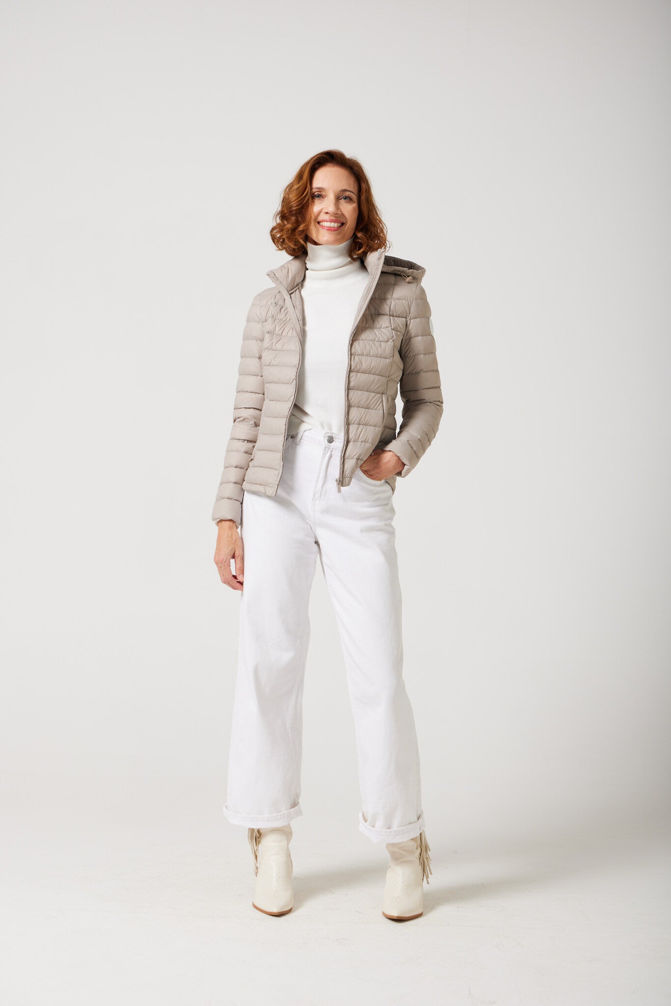 Women’s Latte Classic Jacket™ in beige, hooded lightweight puffer for versatile everyday wear and layering in Australia