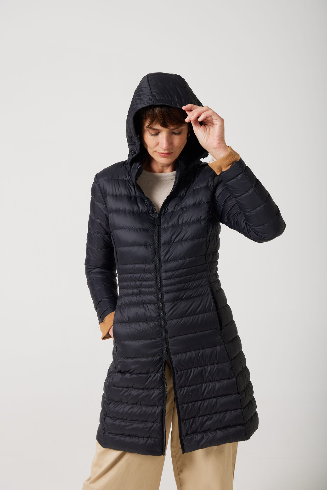 Women’s midnight black insulated midi parka with hood, warm winter parka perfect for layering in Australia’s cooler weather — Midnight Midi Parka™