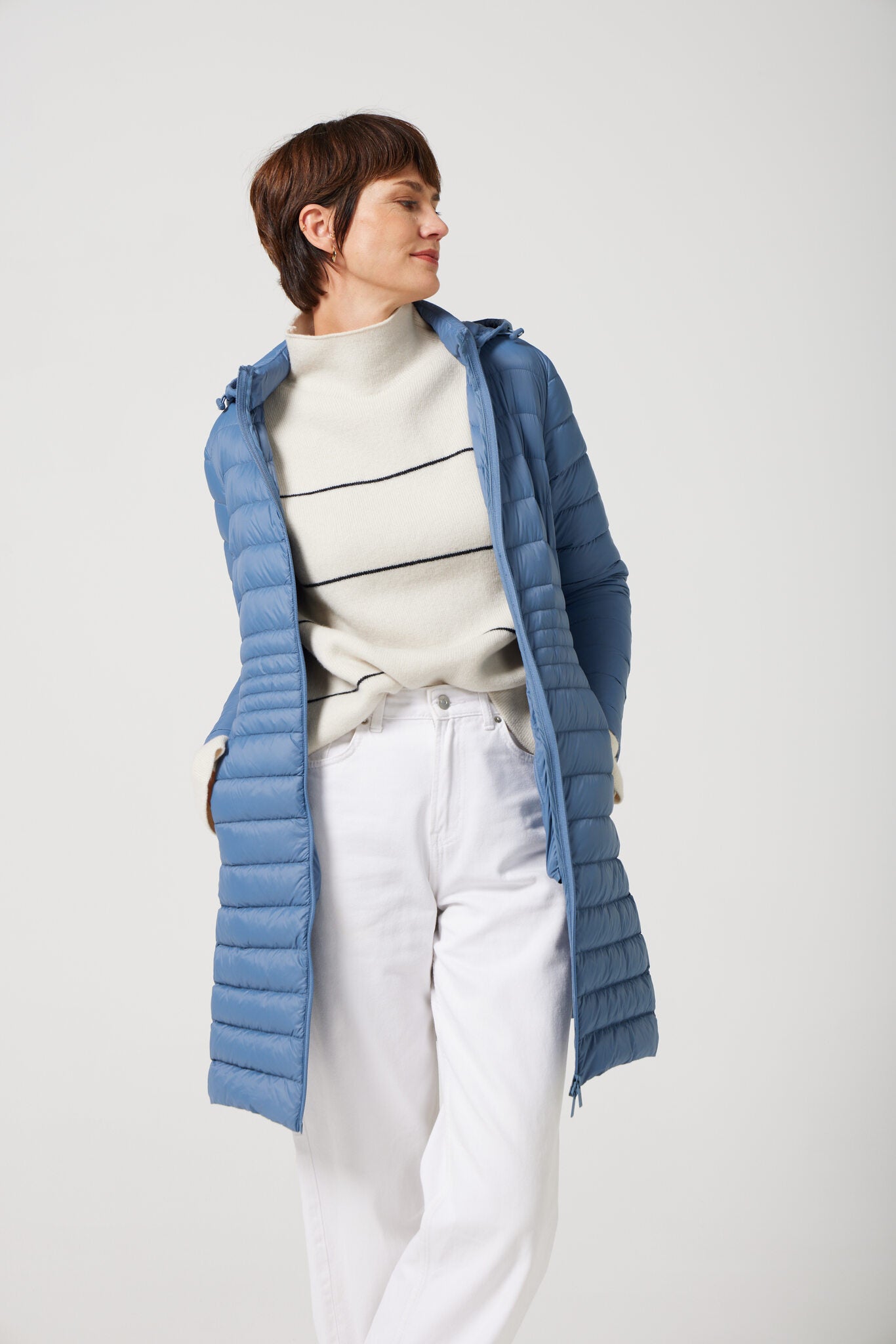 Women’s sky blue insulated midi parka with hood, warm winter jacket perfect for layering in Australia’s cooler weather — Vista Midi Parka™
