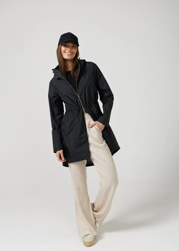 The Highland Midnight black hooded raincoat, modern lightweight waterproof raincoat perfect for Australia’s weather and rain