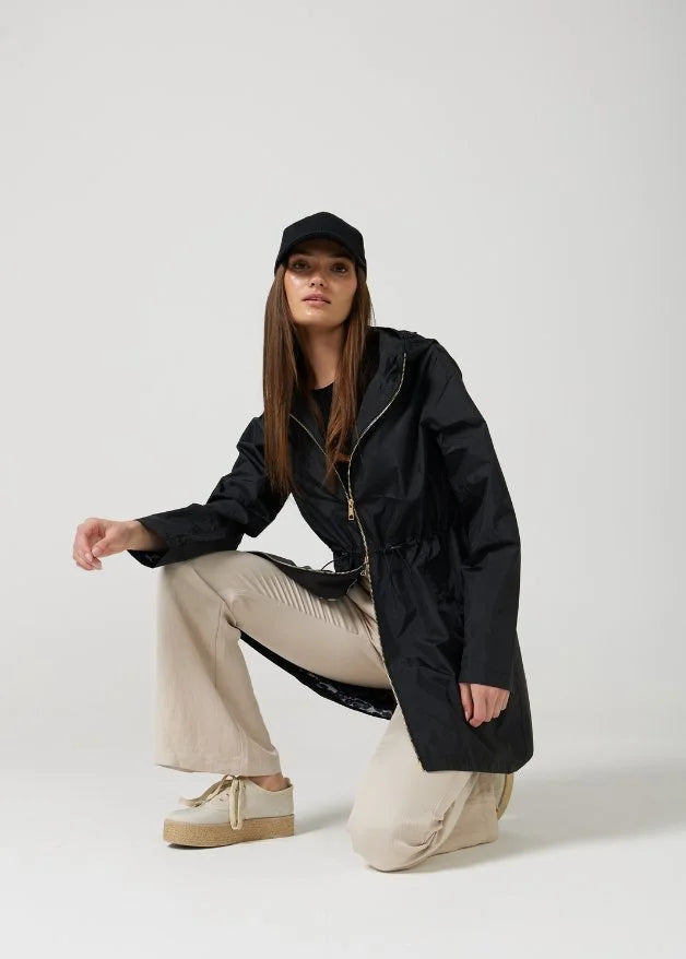 The Highland Midnight black hooded raincoat, modern lightweight waterproof raincoat perfect for Australia’s weather and rain