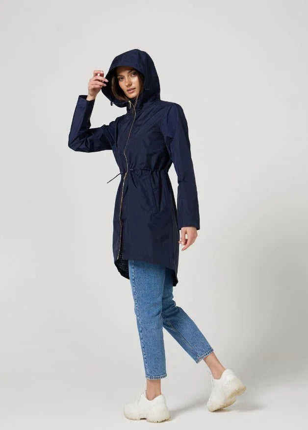 The Oxford Blue navy blue hooded raincoat, modern lightweight waterproof raincoat perfect for Australia’s changing weather and rain