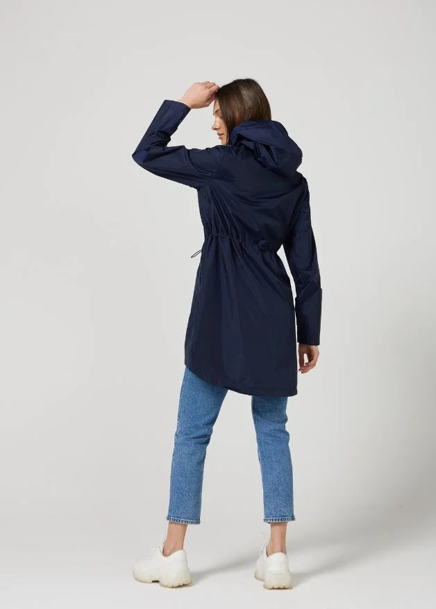 The Oxford Blue navy blue hooded raincoat, modern lightweight waterproof raincoat perfect for Australia’s changing weather and rain