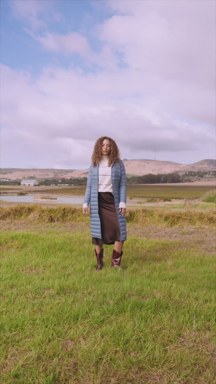 Women’s sky blue insulated ultra parka with hood, long warm winter jacket perfect for layering in Australia’s cooler weather — Vista Ultra Parka™