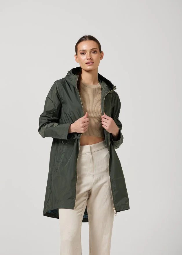 The Juniper deep green hooded raincoat, modern lightweight waterproof raincoat perfect for Australia’s changing weather and rain