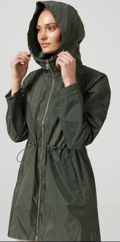 The Juniper deep green hooded raincoat, modern lightweight waterproof raincoat perfect for Australia’s changing weather and rain