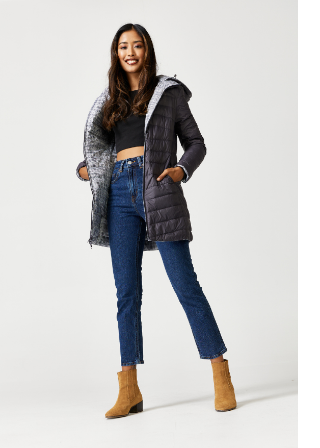 Reversible Charcoal Check Duck Down Puffer Coat Duck Apparel