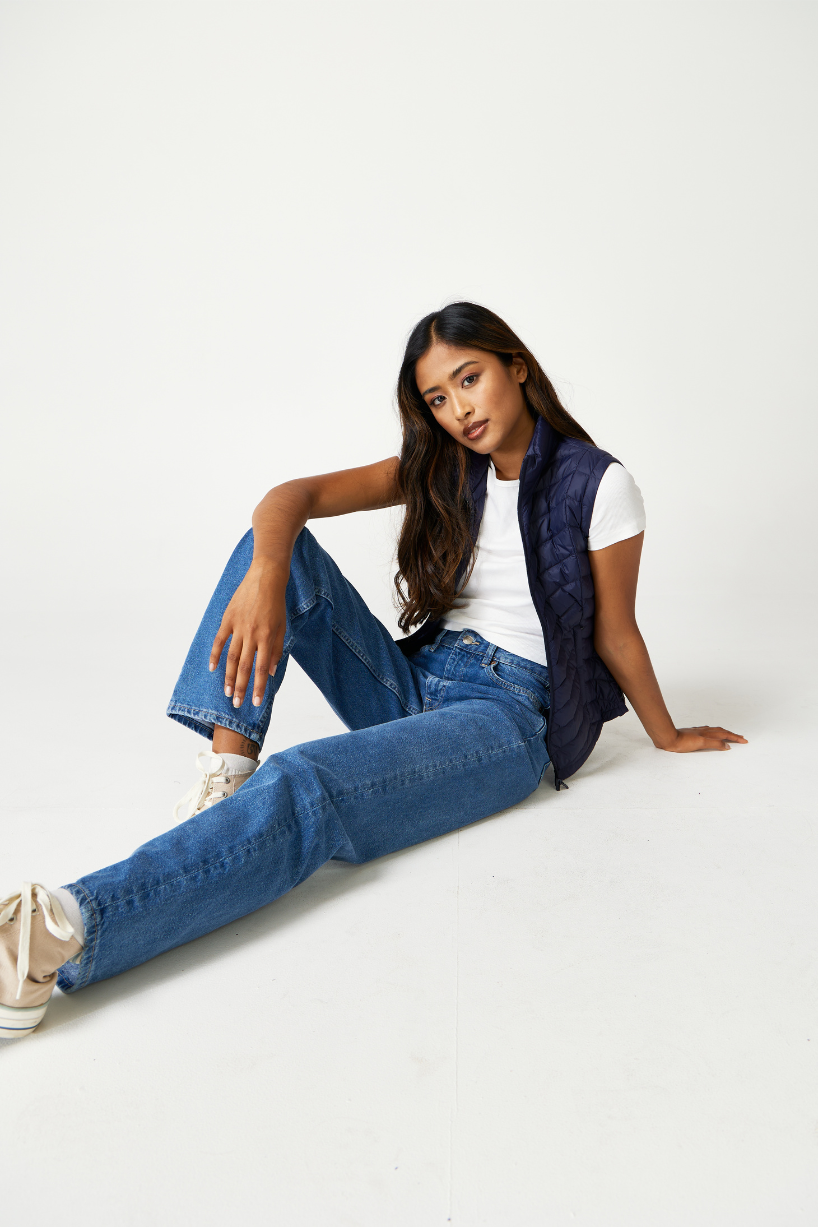 Navy Classic Gilet™ — a sleeveless, lightweight quilted gilet in deep navy blue