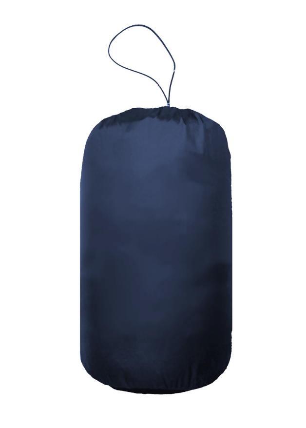 Navy duck down puffer vest rolled into bag