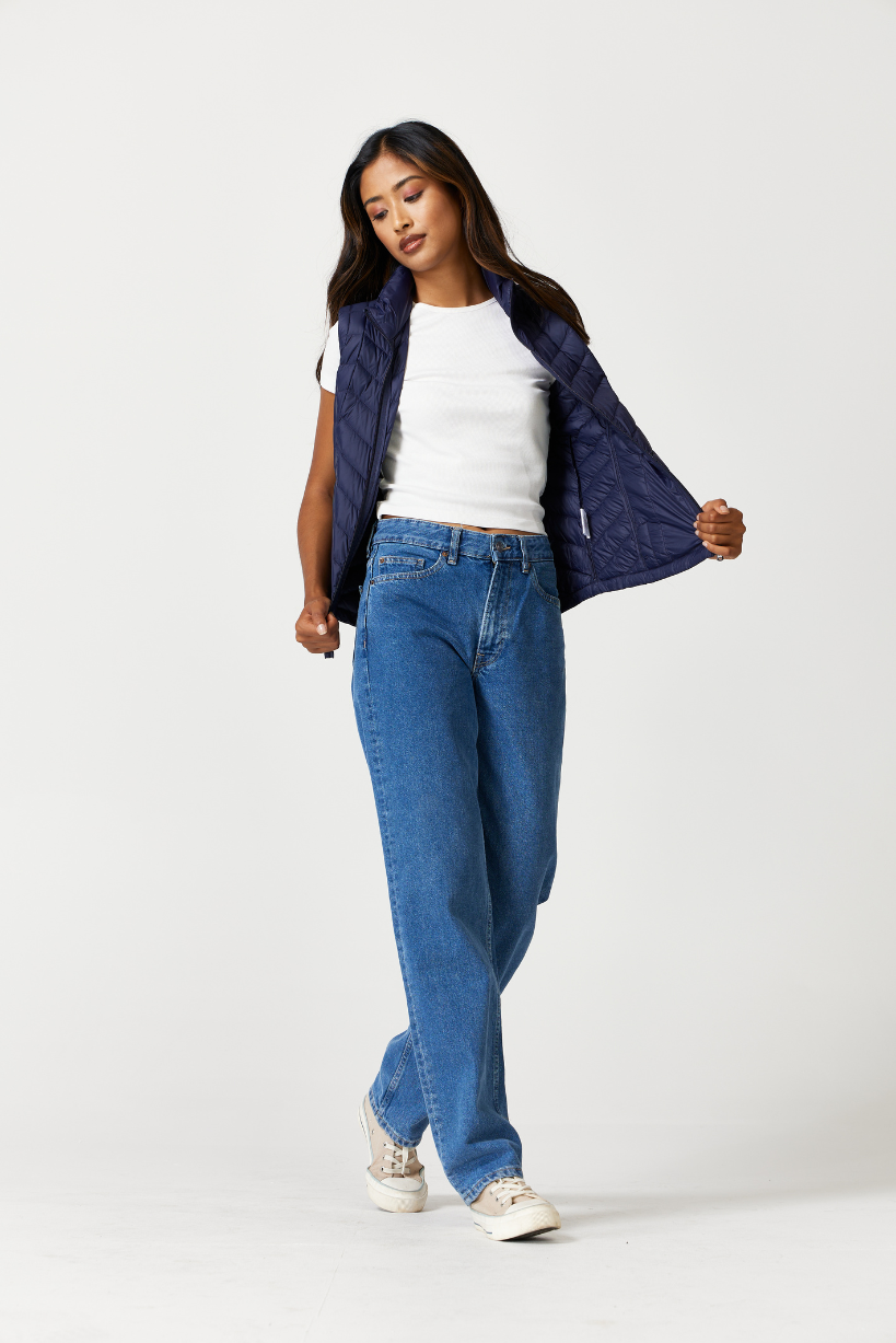 Navy Classic Gilet™ — a sleeveless, lightweight quilted gilet in deep navy blue