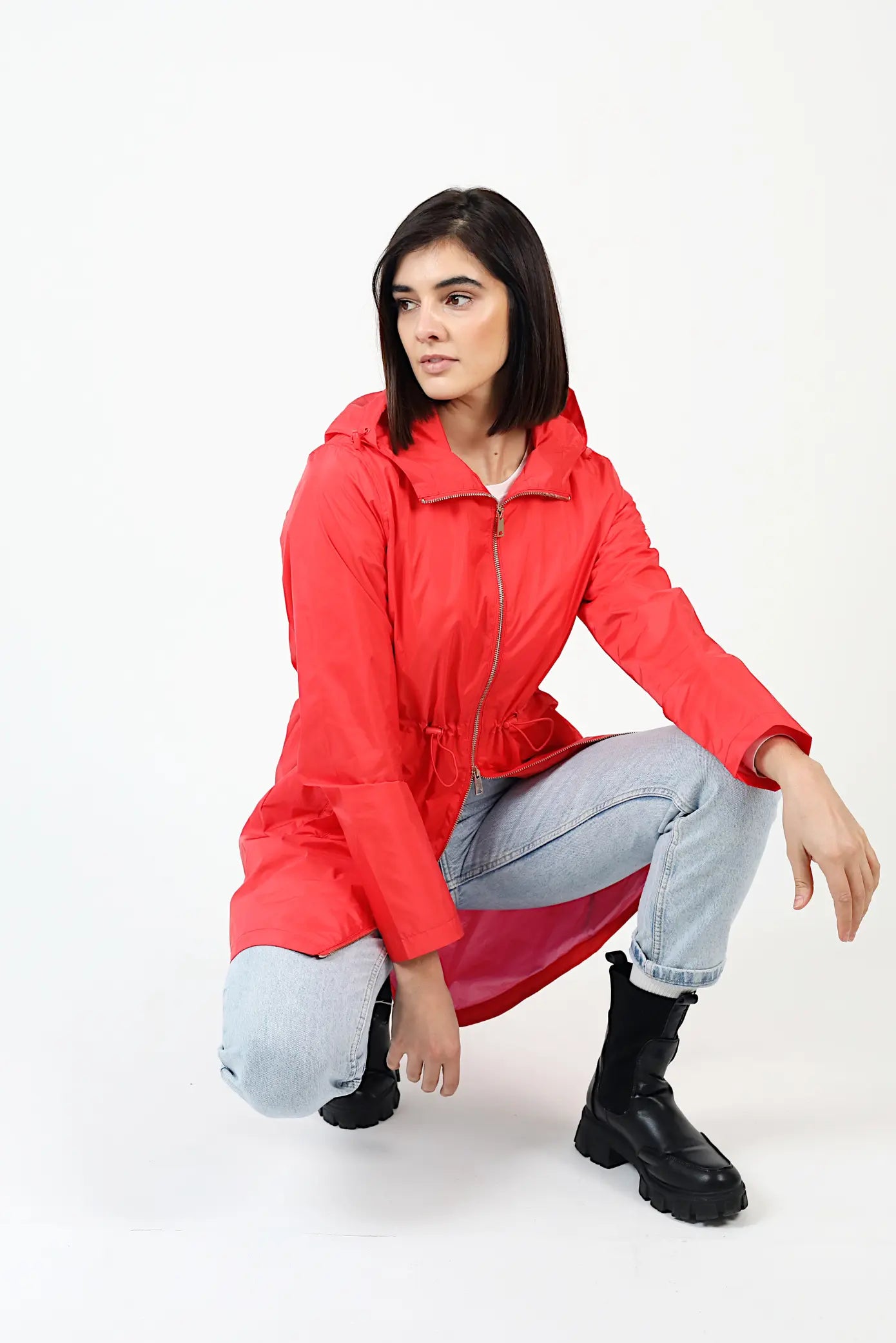Lipstick Crush No 5 bright red hooded raincoat, modern lightweight waterproof raincoat perfect for wet weather in Australia
