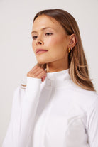 White Lightweight performance jacket with a smooth, sculpting fit, full zip front, high collar, and stretch fabric designed for everyday movement and layering.